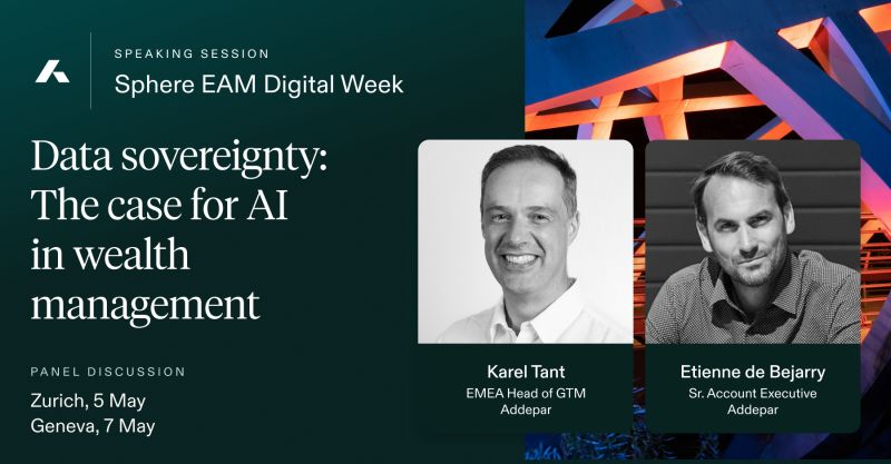 SPHERE EAM Digital Week panel promotion on data sovereignty and AI in wealth management, with Karel Tant and Etienne de Bejarry